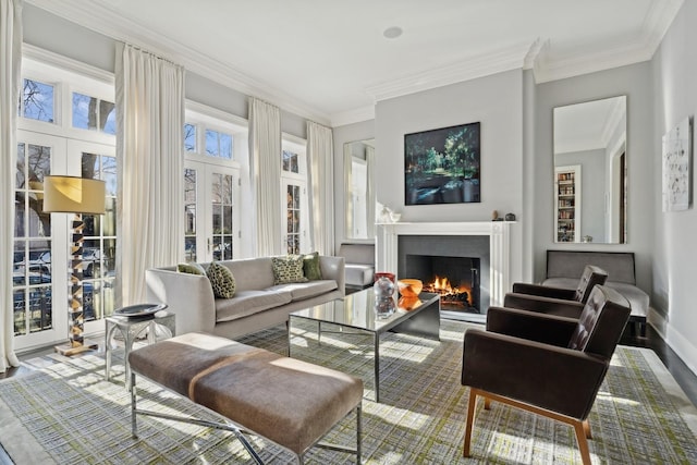 living room featuring wood-type flooring and ornamental molding