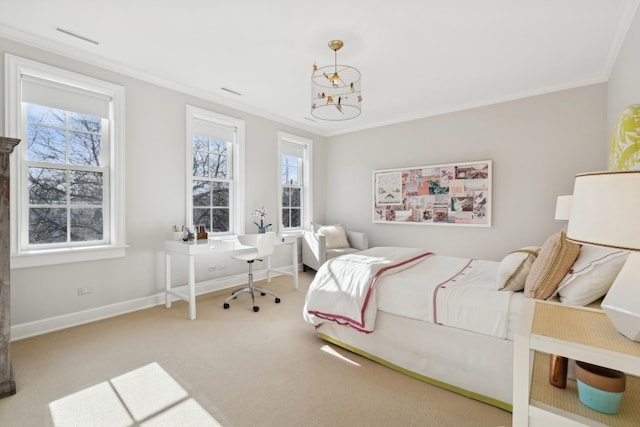 bedroom featuring multiple windows, crown molding, and carpet