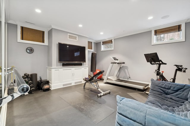 exercise area featuring ornamental molding