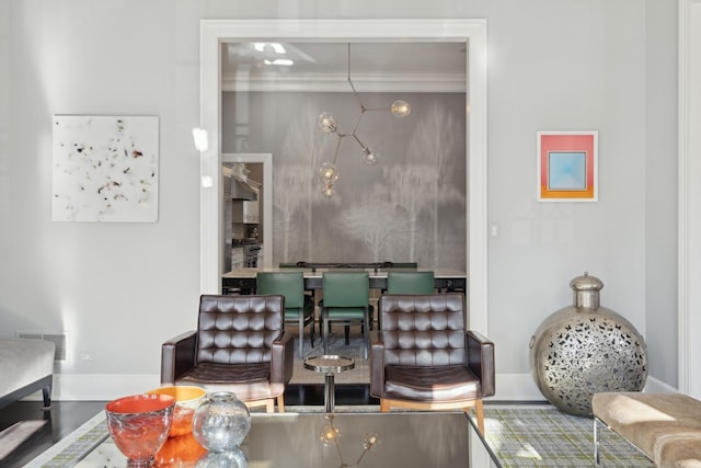 living room featuring a notable chandelier