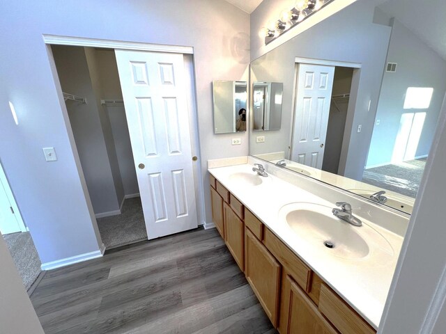 bathroom with vanity and hardwood / wood-style floors