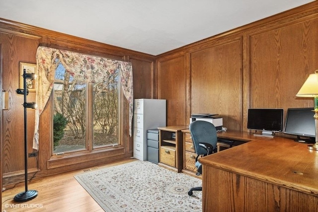 office area featuring wood walls and light hardwood / wood-style flooring