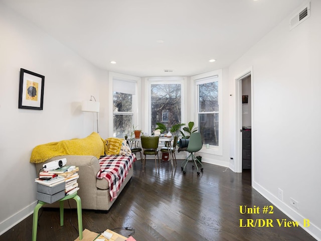 living room featuring dark wood-type flooring