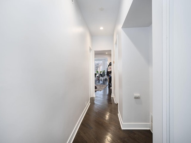 hallway featuring dark wood-type flooring