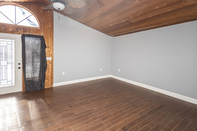 entryway featuring ceiling fan, plenty of natural light, dark hardwood / wood-style flooring, and wooden ceiling