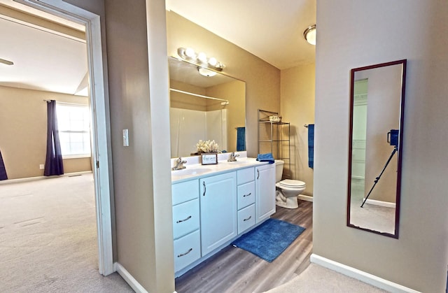 bathroom with vanity, wood-type flooring, a shower, and toilet