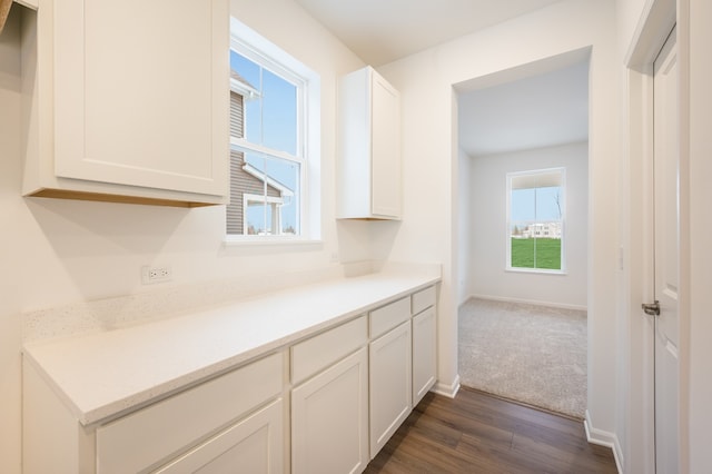 kitchen with white cabinetry and dark wood-type flooring