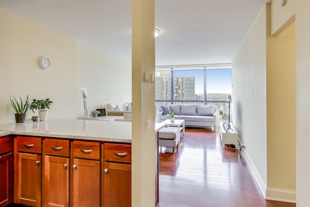 kitchen featuring light stone countertops, a wall of windows, and light hardwood / wood-style floors