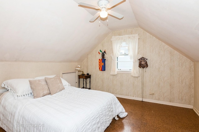 bedroom with ceiling fan and vaulted ceiling