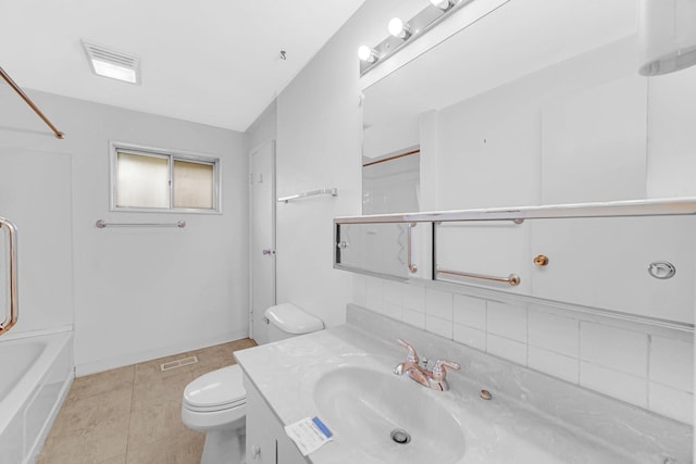 full bathroom with toilet, vanity, shower / bath combination, tile patterned flooring, and decorative backsplash