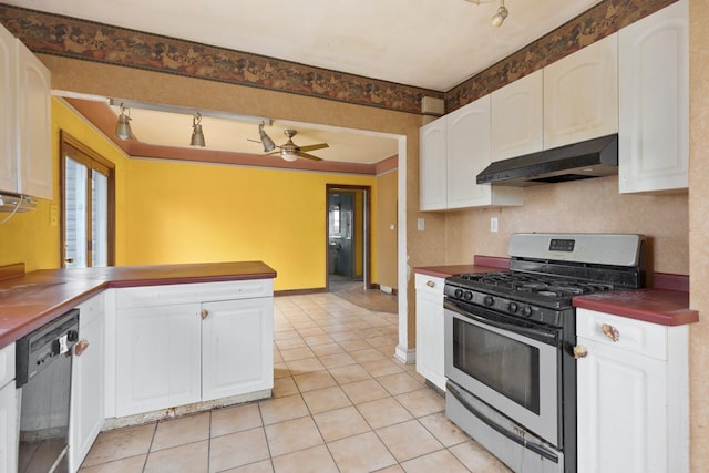 kitchen with black dishwasher, stainless steel range with gas stovetop, white cabinets, and kitchen peninsula