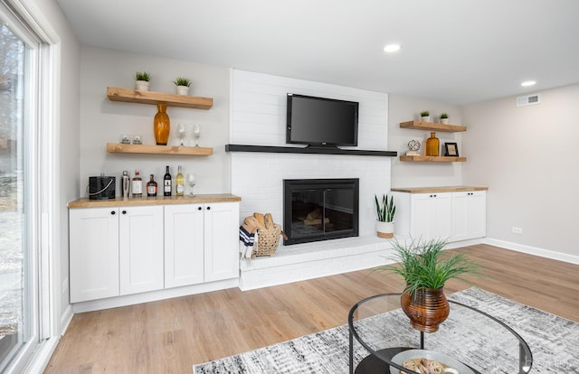 living room featuring a fireplace and light wood-type flooring