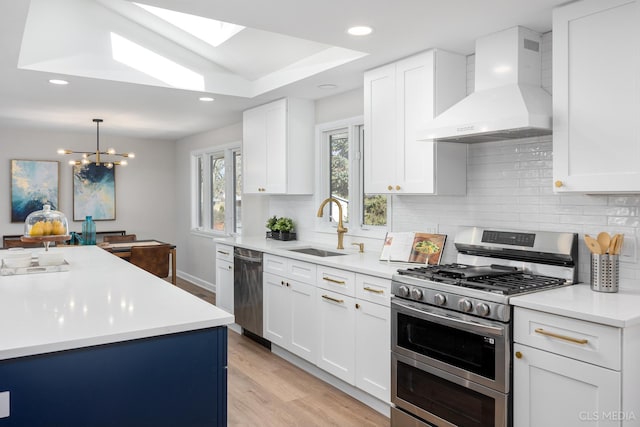 kitchen featuring wall chimney exhaust hood, sink, white cabinetry, appliances with stainless steel finishes, and light hardwood / wood-style floors