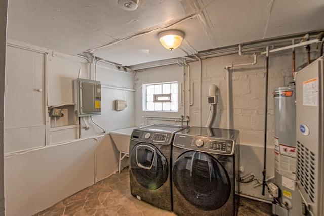 laundry area with water heater, washer and dryer, and electric panel