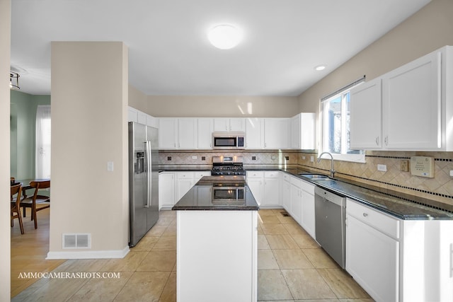 kitchen featuring sink, appliances with stainless steel finishes, white cabinetry, backsplash, and a kitchen island