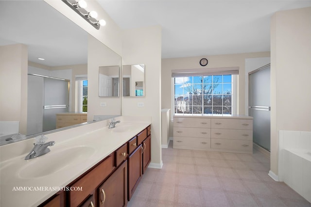 bathroom with vanity and plus walk in shower