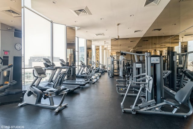 exercise room featuring expansive windows