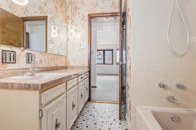 627 Paxton Ave, Calumet City, IL 60409 - bathroom featuring tile patterned floors, vanity, bathtub / shower combination, and wallpapered walls