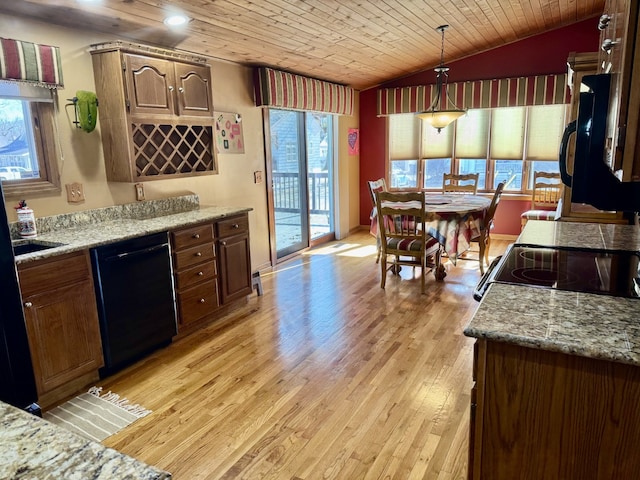 kitchen featuring wood ceiling, black appliances, light wood-type flooring, and lofted ceiling