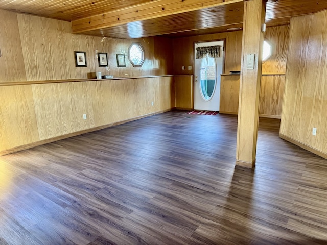 interior space featuring wood walls, dark hardwood / wood-style floors, and wooden ceiling