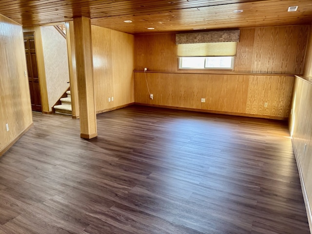 basement with dark hardwood / wood-style flooring, wooden ceiling, and wood walls