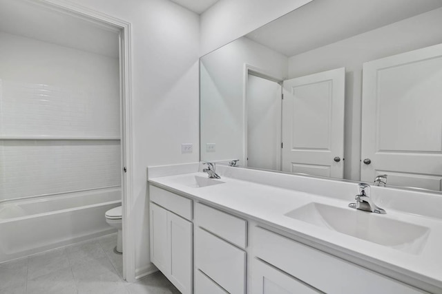 full bathroom featuring bathtub / shower combination, tile patterned floors, vanity, and toilet