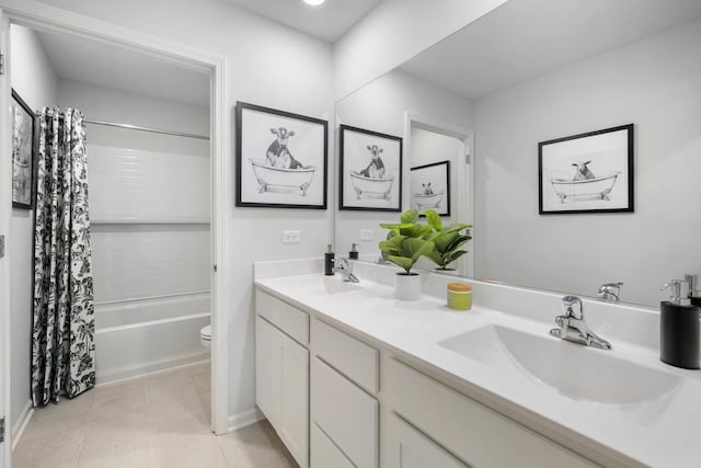 full bathroom featuring vanity, shower / bath combo, tile patterned floors, and toilet