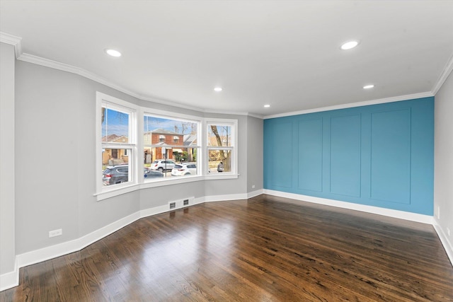 interior space featuring dark wood-type flooring and ornamental molding