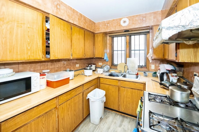 kitchen with gas range oven, custom exhaust hood, sink, and light hardwood / wood-style floors