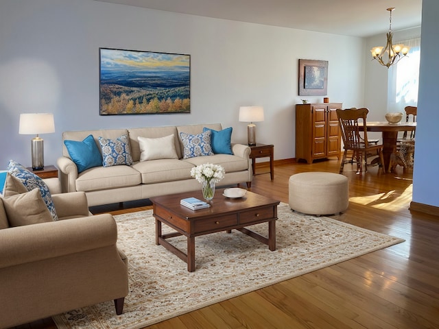 living room featuring wood-type flooring, a chandelier, and baseboards