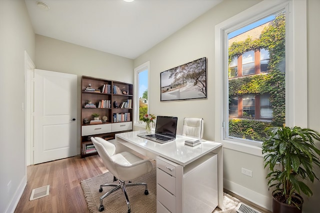 office space with plenty of natural light and light hardwood / wood-style floors