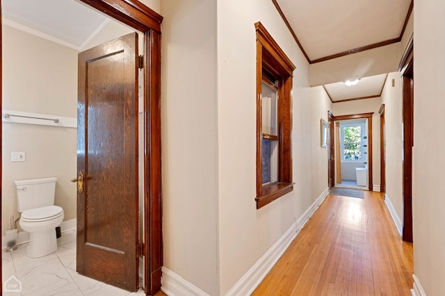 hallway with crown molding and light hardwood / wood-style flooring