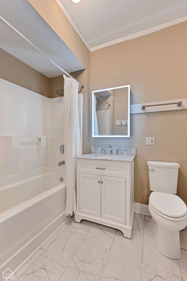 full bathroom featuring shower / bath combo, ornamental molding, vanity, and toilet