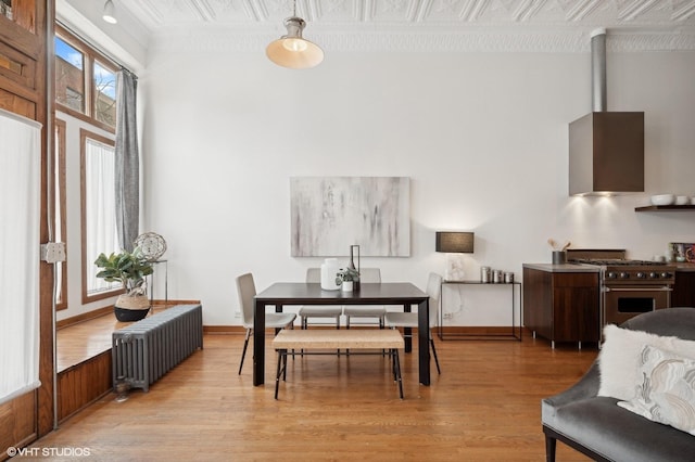 dining space with radiator and light hardwood / wood-style floors