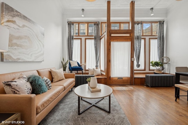 interior space with wood-type flooring, ornamental molding, and radiator heating unit