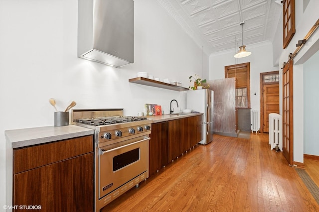 kitchen with wall chimney range hood, hanging light fixtures, radiator heating unit, stainless steel appliances, and a barn door