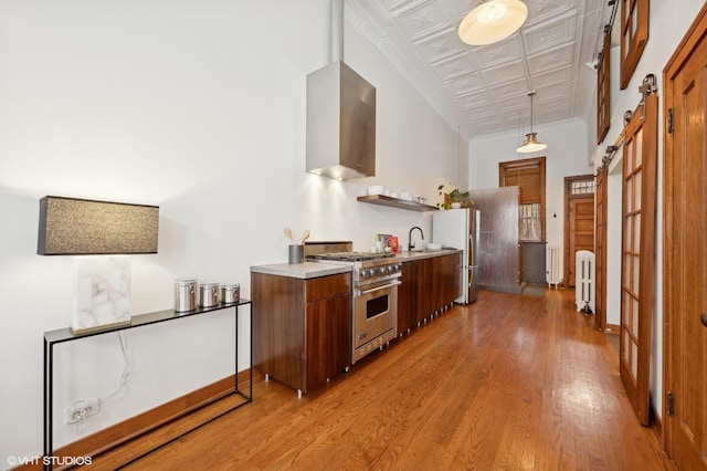 kitchen with wall chimney range hood, sink, radiator heating unit, stainless steel appliances, and light wood-type flooring