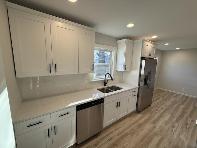 kitchen with sink, white cabinetry, stainless steel appliances, light hardwood / wood-style floors, and decorative backsplash