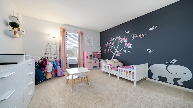 bedroom with light colored carpet