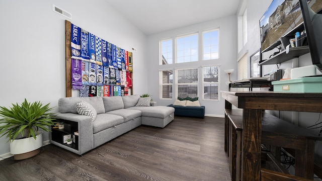 living room featuring a towering ceiling and dark hardwood / wood-style flooring