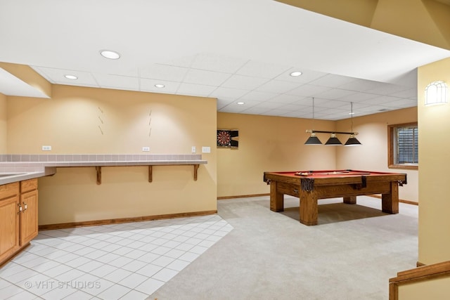 playroom featuring light colored carpet, a paneled ceiling, and billiards