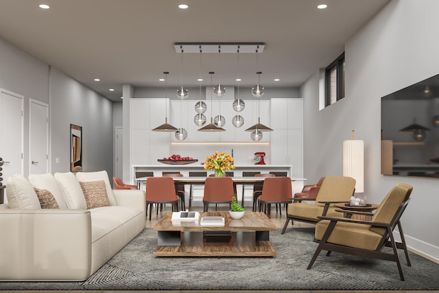 living room with a towering ceiling