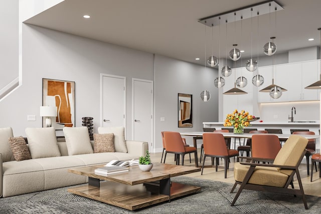 living room featuring sink and light hardwood / wood-style flooring