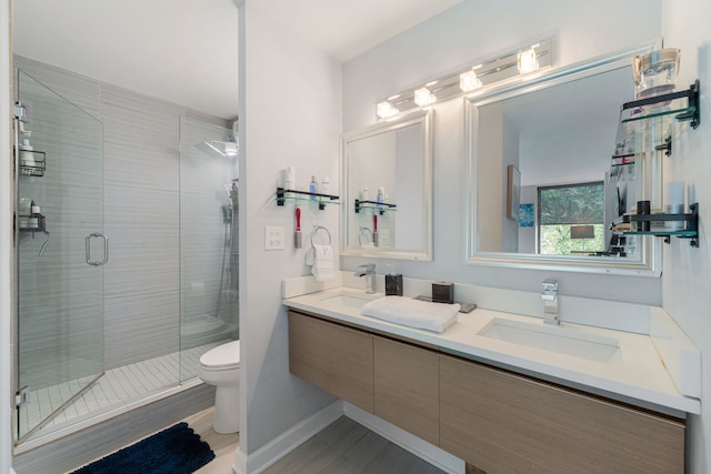 bathroom featuring toilet, vanity, and walk in shower