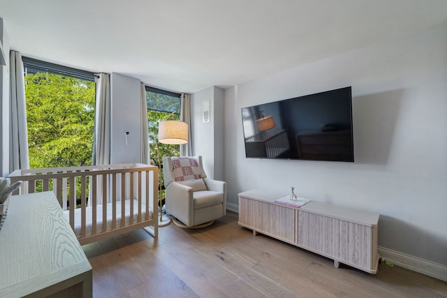 bedroom featuring a wall of windows and wood-type flooring