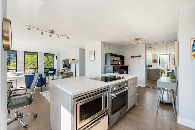 kitchen with light wood-type flooring, a kitchen island, and appliances with stainless steel finishes