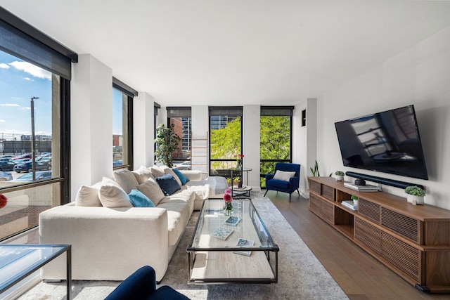 living room featuring hardwood / wood-style flooring and a wall of windows