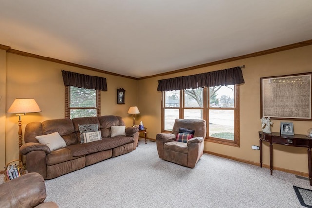 carpeted living room featuring crown molding and plenty of natural light