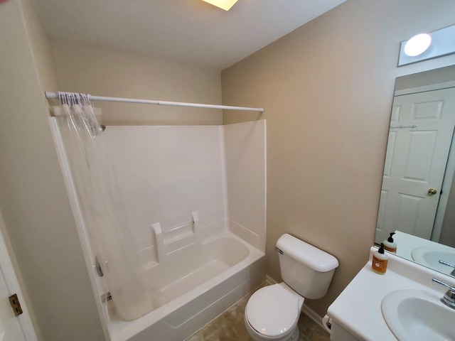 full bathroom with vanity, shower / bath combination with curtain, and toilet