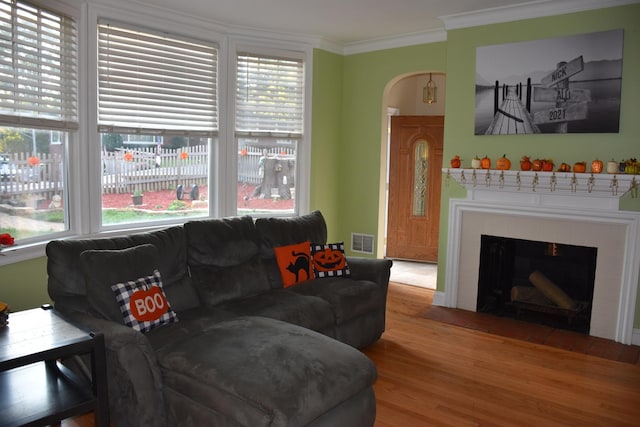 living room with ornamental molding and light hardwood / wood-style floors